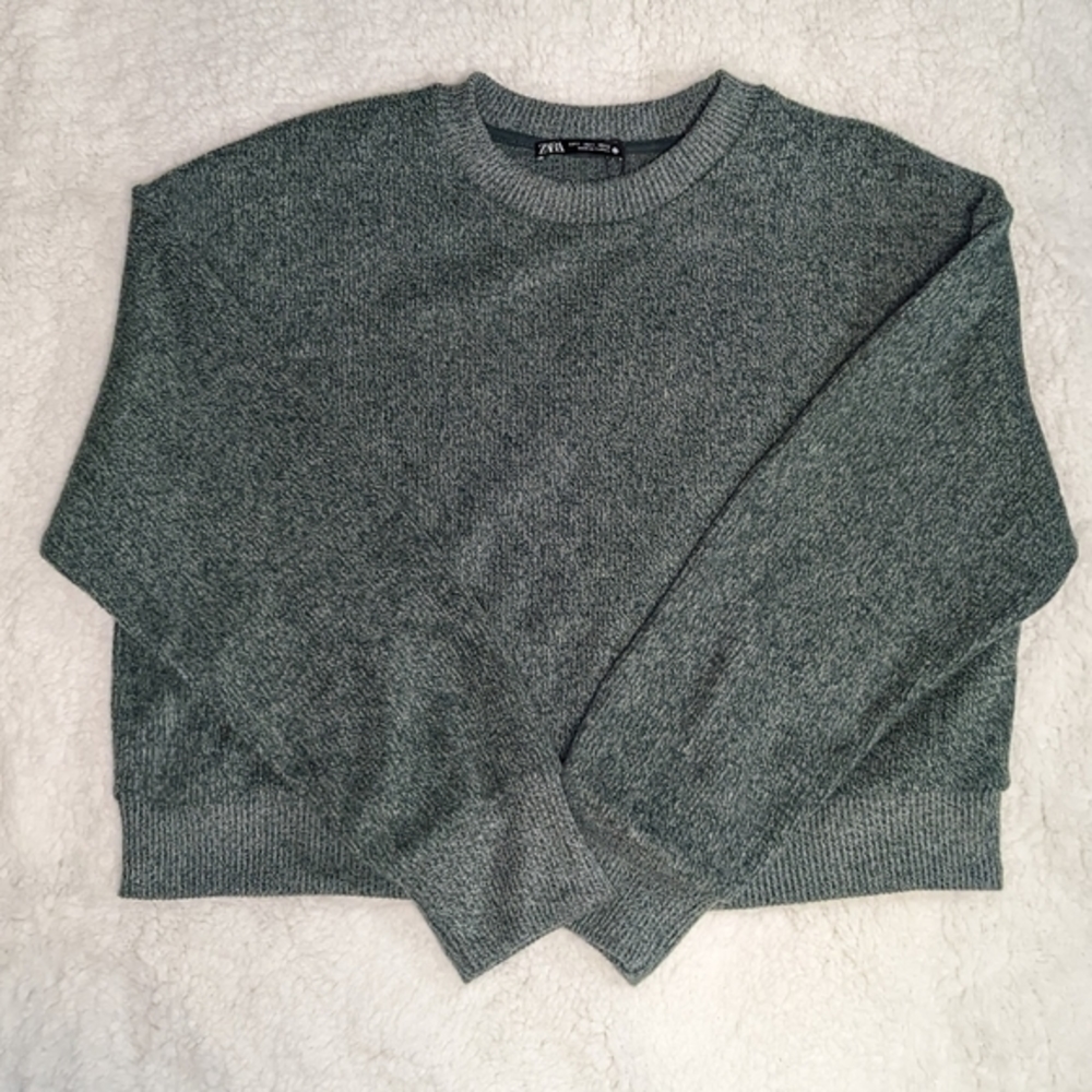 NWT ZARA green/white marled ribbed crew neck cuffs & hem cropped soft and comfy